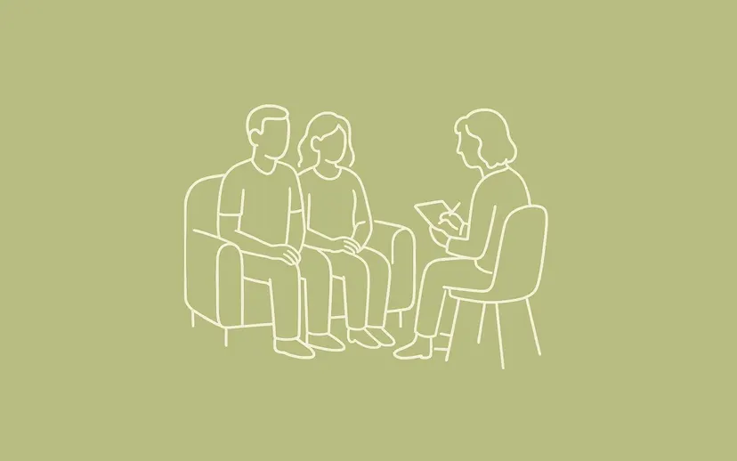 Line illustration of a couple in session with a clinician
