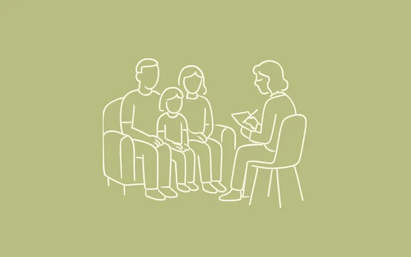 Line illustration of a family session with a clinician